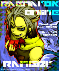  1boy blue_background blue_eyes brown_horns commentary_request copyright_name dated grey_hair grey_shirt holding holding_mask horns looking_at_viewer male_focus mask namina_(ugetsu_kitsune) ragnarok_online ranger_(ragnarok_online) scarf shirt short_hair sleeveless sleeveless_shirt solo upper_body web_address white_scarf wolf 