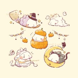  black_eyes blush broom cat commentary_request ghost halloween halloween_costume hat highres mummy no_humans pokemon pokemon_(creature) pumpkin simple_background snom temariame14 witch_hat yellow_background 