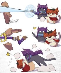  absurdres anger_vein angry animal animalization black_hair blunt_bangs cat clothed_animal commentary_request fern_(sousou_no_frieren) fur_collar highres holding holding_staff j_humbo long_hair magic multicolored_hair purple_hair red_hair signature sousou_no_frieren staff stark_(sousou_no_frieren) throwing two-tone_hair 