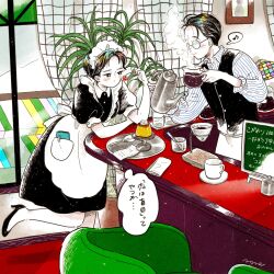  1girl apron black_eyes black_hair black_shoes blush cafe chair cherry coffee coffee_beans coffee_mug colored_skin commentary counter cup curtains drip_coffee emamemamo33 food fruit full_body glass half-closed_eyes high_heels highres holding iridescent_hair lamp long_sleeves looking_at_food maid maid_apron maid_headdress mug musical_note original pixie_cut plant pudding pumps round_eyewear shirt shoes short_hair sign signature sleeves_rolled_up slice_of_life smile speech_bubble spoken_musical_note stained_glass standing standing_on_one_leg steam striped_clothes striped_shirt thought_bubble vest white_skin 