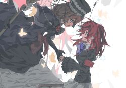  2girls :d armband beads black_bow black_bowtie black_gloves black_jacket blue_eyes bob_cut bow bowtie brown_hair capelet dress dress_bow elbow_gloves eva_beatrice eye_contact floating_clothes floating_hair frilled_dress frilled_sleeves frills gloves glowing glowing_eyes hair_beads hair_ornament half_updo highres holding holding_staff jacket looking_at_another multiple_girls profile puffy_sleeves purple_capelet purple_dress red_armband red_bow red_hair shirt skirt smile staff twintails umineko_no_naku_koro_ni upper_body ushiromiya_ange white_background white_shirt white_skirt wide_sleeves zhenshidegancuiyaoqinidetuweiba 