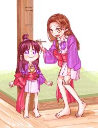  2girls :d ace_attorney aged_down barefoot bead_necklace beads black_hair bracelet brown_eyes brown_hair commentary hair_ornament hand_on_own_knee hanten_(clothes) height_chart height_mark jacket japanese_clothes jewelry kimono light_blush long_hair low-tied_sidelocks magatama magatama_necklace marker maya_fey mia_fey mole mole_under_mouth multiple_girls necklace obi oyoyo_pe pillar pink_kimono purple_jacket red_sash ring_hair_ornament sash siblings sidelocks sisters smile sphere_hair_ornament tatami violet_eyes wide_sleeves 