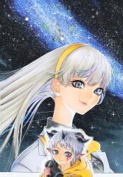  1boy 1girl aegiomon black_horns breasts digimon digimon_(creature) digimon_story:_time_stranger eyelashes facial_mark goat_boy grey_eyes grey_hair headband highres hood hoodie horns jacket long_hair misono_inori miura_satoru pointy_ears short_hair smile star_(sky) upper_body white_jacket yellow_headband yellow_hoodie 