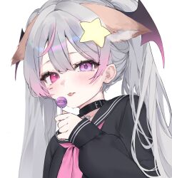  1girl animal_ears annytf black_choker black_sailor_collar black_shirt candy choker closed_mouth food fox_ears gradient_hair grey_hair hand_up head_wings heterochromia highres holding holding_candy holding_food holding_lollipop indie_virtual_youtuber iomaaki lollipop long_hair long_sleeves looking_at_viewer multicolored_hair neckerchief pink_neckerchief red_eyes sailor_collar shirt simple_background solo streaked_hair tongue tongue_out twintails upper_body violet_eyes virtual_youtuber white_background wings 