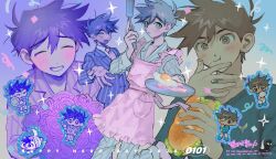  2025 3boys alternate_eye_color antenna_hair apron bacon barefoot blue_suit blue_sweater blush bossman_hero bouquet bright_pupils brown_eyes brown_hair character_name chibi closed_mouth collarbone collared_shirt colored_skin confetti dark-skinned_male dark_skin dinosaur double-parted_bangs dual_persona flower food fried_egg grin hair_between_eyes happy_birthday hero_(faraway)_(omori) hero_(headspace)_(omori) hero_(omori) herosaurus_(omori) holding holding_bouquet holding_food holding_plate holding_sandwich holding_spatula long_sleeves looking_at_viewer male_focus mmmm_0q multiple_boys necktie omori one_eye_closed open_mouth pajamas pants pink_apron pinstripe_pattern pinstripe_suit plate purple_hair red_flower red_necktie red_rose rose sandwich sharp_teeth shirt short_hair smile sparkle spatula striped_clothes striped_pajamas striped_pants suit sweater teeth upper_teeth_only vertical-striped_clothes vertical-striped_pajamas vertical-striped_pants violet_eyes white_eyes white_pupils white_shirt white_skin 