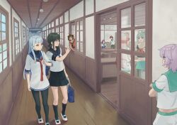  6+girls bag black_pantyhose black_sailor_collar black_skirt blue_sailor_collar classroom dress fubuki_(kancolle) fubuki_kai_ni_(kancolle) grey_hair hallway highres kantai_collection kisaragi_(kancolle) kuma_(kancolle) long_hair low_ponytail multiple_girls murakumo_(kancolle) mutsuki_(kancolle) naka_(kancolle) orange_eyes pantyhose ponytail sailor_collar sailor_dress school_bag school_uniform serafuku shoes short_eyebrows short_ponytail skirt sliding_doors tama_(kancolle) uwabaki waving white_dress youryokuso_(chlorophyll) yuubari_(kancolle) 