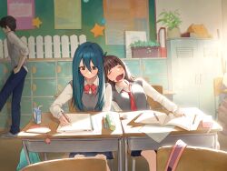  1boy 2girls ahoge black_hair blue_hair blue_pants blush book brown_hair closed_eyes closed_mouth collared_shirt commentary_request commission desk dini_illust earphones from_side grey_shoes grey_sweater_vest hair_between_eyes hair_intakes hand_in_pocket highres indoors juice_box leaning_on_person locker long_sleeves looking_at_object medium_hair messy_sleeper multiple_girls neckerchief necktie notebook open_mouth original pants partially_unbuttoned pen pencil_case plant pleated_skirt poster_(object) potted_plant red_neckerchief red_necktie school school_uniform shared_earphones shirt shoes side-by-side sitting skirt sleeping sleeves_rolled_up slice_of_life star_(symbol) straight-on stuffed_animal stuffed_cat stuffed_toy sweater_vest textbook white_shirt 