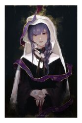  1girl alternate_costume alternate_universe artist_name artist_request black_robe blunt_bangs braid christianity genshin_impact hair_over_shoulder hand_tattoo head_tilt jewelry katana layered_clothes long_hair long_sleeves looking_at_viewer loose_necktie mitsudomoe_(shape) mole mole_under_eye necklace necktie nun own_hands_together parted_lips pink_lips purple_hair purple_ribbon raiden_shogun ribbon robe signature single_braid solo standing sword tattoo tomoe_(symbol) traditional_nun upper_body veil violet_eyes weapon white_veil wide_sleeves 