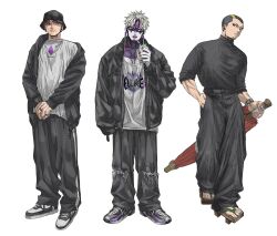  3boys alternate_costume baggy_pants black_hair black_hat black_jacket black_pants black_sweater closed_mouth dandadan dr.k_(doctorkodok) drinking_straw dual_persona earrings enjoji_jin evil_eye_(dandadan) full_body hand_in_pocket hat highres holding holding_umbrella jacket jewelry male_focus multiple_boys open_clothes open_jacket open_mouth pants parted_lips possessed red_hair ring sandals shirt shoes short_hair sneakers standing sweater third_eye turtleneck turtleneck_sweater umbrella very_short_hair white_background white_hair white_shirt zuma_unji 