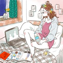  1girl ad apartment barefoot bed black_eyes blanket blush bottle brown_hair collarbone collared_shirt colored_skin computer crossed_legs curtains dress emamemamo33 fingernails flower foot_blush from_side full_body half_updo highres holding holding_bottle indoors iridescent_hair laptop long_hair long_sleeves looking_at_screen magazine_(object) on_bed original pillow pink_dress plastic_bottle polka_dot round_eyewear shirt slice_of_life solo striped_clothes striped_shirt toenails traditional_media water_bottle white_skin window 