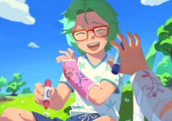  74000000star blue_shorts cast child closed_eyes clouds commentary cove_holden crossed_ankles day doodled_object english_commentary facing_viewer flower glasses green_hair grin hand_up highres hill holding holding_marker knees_up main_character_(our_life) marker no_lineart our_life our_life:_beginnings_and_always outdoors painterly poppy_(flower) pov pov_hands shirt short_hair shorts sitting smile starfish teeth toilet_paper tree upper_teeth_only white_shirt 