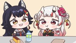  2girls animal_ear_fluff animal_ears bell black_hair black_kimono black_shirt black_sleeves bottle brown_background brown_eyes chibi detached_sleeves double_bun eating food food_request gradient_hair grey_hair hair_bell hair_bun hair_ornament holding holding_food hololive horns japanese_clothes jingle_bell kimono long_hair mask mask_on_head mochimiko multicolored_hair multiple_girls nakiri_ayame nakiri_ayame_(1st_costume) off_shoulder oni oni_mask ookami_mio ookami_mio_(1st_costume) red_eyes red_hair sailor_collar shirt simple_background sleeveless sleeveless_shirt streaked_hair upper_body very_long_hair virtual_youtuber water_bottle water_drop white_sailor_collar wolf_ears 