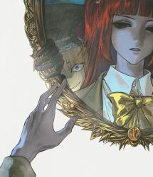  2girls absurdres beads blue_eyes blunt_bangs bow bowtie brown_jacket empty_eyes eva_beatrice evil_grin evil_smile expressionless grin hair_beads hair_ornament head_tilt highres jacket looking_at_mirror looking_at_viewer mirror multiple_girls nnightcruising no_pupils orange_hair parted_lips reaching red_hair shaded_face shirt smile twintails umineko_no_naku_koro_ni ushiromiya_ange white_shirt wide-eyed yellow_bow yellow_bowtie 