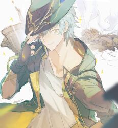  1boy 1girl arm_ribbon artist_name bandaid bandaid_on_head black_boots black_gloves black_hat black_jacket black_skirt boots caelus_(honkai:_star_rail) closed_mouth coat dual_persona english_commentary fingerless_gloves floating_clothes gloves grey_hair hair_between_eyes hand_on_headwear hand_on_own_hip hand_up hat honkai:_star_rail honkai_(series) hood hooded_coat index_finger_raised jacket lapels long_hair long_sleeves looking_at_viewer lordly_trashcan_(honkai:_star_rail) lying miniskirt no_eyes on_side open_clothes open_coat open_jacket ribbon shirt short_hair simple_background skirt smile solo_focus sparkle stelle_(honkai:_star_rail) t-shirt tassel teeth trailblazer&#039;s_hat_(honkai:_star_rail) trailblazer_(honkai:_star_rail) trash_can two-sided_coat two-sided_fabric two-sided_jacket white_background white_shirt yellow_coat yellow_eyes yellow_jacket yuriha314 