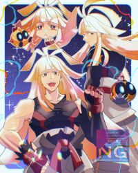  :&lt; :d ahoge belt belt_pouch biceps black_gloves blonde_hair blue_background blue_eyes clenched_hands colored_eyelashes dougi falinks fingerless_gloves from_behind gloves hand_on_own_hip highres ivor_(pokemon) karate_gi large_pectorals long_eyelashes long_hair mega_stone mole mole_under_mouth muscular muscular_male open_mouth pectorals pokemon pokemon_(creature) pokemon_legends:_z-a pouch red_belt red_gloves skin_tight smile star_(sky) tasteoftaiyaki 