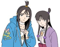  2girls ace_attorney bead_necklace beads black_eyes black_hair blue_hoodie choker crossover ear_piercing half-closed_eyes hand_in_own_hair hanten_(clothes) hood hoodie jacket japanese_clothes jewelry kimono lida_(pokemon) long_sidelocks looking_at_viewer low-tied_sidelocks magatama magatama_necklace maya_fey mmachoii multiple_girls necklace obi parted_lips piercing pokemon pokemon_legends:_z-a purple_jacket raised_eyebrows red_sash sash shirt sidelocks sweatdrop topknot upper_body white_background white_choker white_kimono white_shirt 
