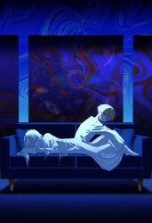  1boy 1girl :/ abstract absurdres backlighting bandage_on_neck barefoot blonde_hair character_request copyright_request couch dress empty_eyes expressionless full_body hair_flowing_over hand_on_own_arm hashtag-only_commentary head_rest highres limited_palette llyuzurull looking_at_viewer lying on_side pillow red_eyes short_hair sitting slouching swirl white_dress white_eyes white_hair 