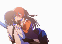  2girls bass_guitar blue_hair blush bocchi_the_rock! bow bowtie closed_eyes couple french_kiss hair_between_eyes hair_ornament hand_on_another&#039;s_shoulder highres holding holding_bass_guitar holding_instrument instrument kiss kita_ikuyo long_hair long_sleeves multiple_girls one_side_up red_bow red_hair school_uniform shirt short_hair simple_background skirt sweat sweatdrop tou_bei_gou_chile white_background white_shirt yamada_ryo yuri 