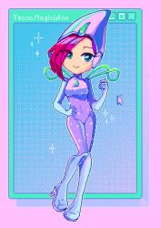  1girl absurdres aqua_eyes asymmetrical_bangs blue_boots blue_gloves bodysuit boots breasts character_name chest_jewel clenched_hand closed_mouth commentary covered_navel cursor elbow_gloves english_commentary eyelashes eyes_visible_through_hair fairy full_body gem glitter gloves green_gemstone green_wings hand_on_own_hip happy high_heel_boots high_heels highres hood hood_up hooded_bodysuit knee_boots large_breasts looking_at_viewer magical_girl mimichair outline pink_background pink_hair pixel_art purple_bodysuit short_hair sleeveless sleeveless_bodysuit smile solo sparkle standing tecna_(winx_club) turtleneck turtleneck_bodysuit white_outline window_(computing) wings winx_club 