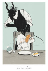  1boy 1girl black_fur black_vest blue_background body_fur chair child dress eating food furry furry_male hand_on_own_hip horns medium_hair nagabe pancake plate sensei_(totsukuni_no_shoujo) shiva_(totsukuni_no_shoujo) simple_background table tail totsukuni_no_shoujo vest white_eyes white_hair 