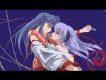  adult blue_eyes blue_hair brown_eyes colored_eyelashes eye_contact eyelashes furude_rika hanyuu higurashi_no_naku_koro_ni horns hug japanese_clothes letterboxed long_hair miko miko_embrace multiple_girls parody purple_hair syringe vector_trace wallpaper yuri 