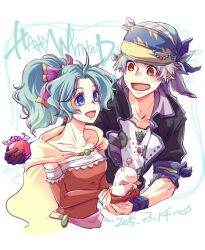  1boy 1girl arm_around_shoulder arm_up ayana_(iqaw5cfohvdtver) black_jacket blue_eyes blue_ribbon breasts brown_eyes cape couple cropped_torso dated dress elbow_gloves final_fantasy final_fantasy_vi gift gloves green_hair grey_hair hair_ribbon headscarf hetero holding holding_gift jacket locke_cole long_hair looking_at_another medium_breasts moogle open_mouth parted_bangs pink_ribbon ponytail red_dress red_gloves ribbon shirt short_hair smile stuffed_animal stuffed_toy terra_branford upper_body white_background white_day white_shirt yellow_cape 