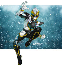  1boy armor bodysuit full_body gozyupolar helmet highres no.1_sentai_gozyuger signature solo stratosmacca super_sentai twitter_username white_bodysuit white_helmet 