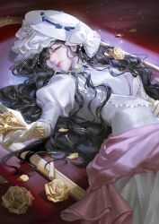  1girl absurdres black_hair bow dress flower giving gloves hat hat_bow highres holding holding_key isolde_(reverse:1999) juliet_sleeves key lee_yoom long_hair long_sleeves looking_at_viewer lying on_back outstretched_hand petals picture_frame pink_lips puffy_sleeves reverse:1999 rose solo tilted_headwear upper_body veil violet_eyes white_bow white_dress white_hat white_veil yellow_flower yellow_gloves yellow_rose 