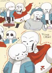  &gt;_&lt; 2025 2boys 2d ? armor artist_name behind_another black_shorts blue_gloves blue_jacket blush brothers cape closed_eyes cropped_torso cup digital_media drinking_glass duo full_body gloves grey_hood grey_pajamas hand_on_another&#039;s_head heart height_difference holding holding_cup hollow_eyes hood hood_down hooded_jacket humanoid jacket kiss male male_focus male_only monster monster_boy multiple_boys multiple_views nightcap on_stool open_clothes open_jacket pajamas papyrus_(undertale) pink_slippers pointing pointing_at_self red_cape red_gloves sans_(undertale) shirt siblings simple_background single_vertical_stripe size_difference skeleton slippers socks squeans standing star_(symbol) stool striped_shorts teeth text translation_request u_u undead undertale unyomoke utdr_(toby_fox) vertical-striped_clothes vertical-striped_shorts white_armor white_shirt white_socks white_stripes yellow_background 