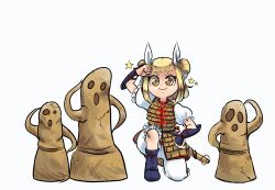  +_+ 1girl arm_up armor armored_dress blonde_hair bloomers boots clenched_hand crack double_bun dress frills hair_bun hair_ribbon hand_on_own_hip haniwa_(statue) highres joutouguu_mayumi lineup looking_at_viewer on_one_knee puffy_short_sleeves puffy_sleeves red_ribbon ribbon scabbard sculpture sheath short_hair short_sleeves simple_background smile star_(symbol) stardusthime straight-on touhou vambraces weapon white_background white_bloomers white_ribbon yellow_eyes 