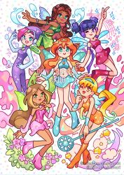  6+girls ahoge aisha_(winx_club) akuo aqua_eyes aqua_wings arm_bow arm_up armlet artist_name asymmetrical_bangs bare_legs bare_shoulders binary blonde_hair bloom_(winx_club) blue_arm_warmers blue_boots blue_choker blue_gloves blue_hair blue_hairband blue_shirt blue_skirt blue_wings blunt_bangs bodysuit boots bow bracelet brown_hair chest_jewel choker closed_mouth clouds colored_inner_hair dark-skinned_female dark_skin detached_ahoge dress elbow_gloves fairy fairy_wings finger_to_cheek floating flora_(winx_club) flower flower_dress full_body gem glitter gloves gold_tiara green_boots green_gemstone green_shirt green_skirt green_wings hair_between_eyes hair_tie hair_tubes hairband halter_shirt halterneck hand_on_own_cheek hand_on_own_face hand_on_own_hip happy headphones high_heel_boots high_heels holding holding_staff hood hood_up hooded_bodysuit instagram_username jewelry knee_boots knees leaning_forward leotard leotard_under_clothes lipstick long_hair low_twintails makeup mini_tiara miniskirt multicolored_hair multiple_girls musa_(winx_club) musical_staff navel o-ring one_eye_closed open_mouth orange_boots orange_hair orange_shirt orange_shorts pink_arm_warmers pink_boots pink_dress pink_flower pink_hair pink_leotard pink_lips platform_boots pointing pointing_up polka_dot polka_dot_background purple_bodysuit purple_bow red_boots red_shirt red_skirt shirt short_twintails shorts signature single_strap skirt skirt_set sleeveless sleeveless_bodysuit smile staff star_(symbol) stella_(winx_club) stomach strapless strapless_dress streaked_hair tareme tecna_(winx_club) teeth tiara treble_clef turtleneck turtleneck_shirt twintails twitter_username upper_teeth_only very_long_hair violet_eyes water watermark wavy_hair white_background wings winx_club 