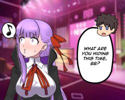  1boy 1girl bb_(fate) bb_(fate/extra) black_hair blue_eyes blurry blurry_background breasts chibi chibi_inset commentary constricted_pupils eighth_note english_commentary fate/grand_order fate_(series) fujimaru_ritsuka_(male) hair_ribbon large_breasts musical_note puckered_lips raised_inner_eyebrows raskasar ribbon single_sidelock spoken_musical_note sweatdrop violet_eyes whistling 