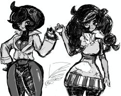  2girls absurdres emma_(pokemon) highres luzennon multiple_girls pantyhose poke_ball pokemon self-upload sketch wide_hips 