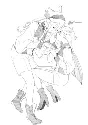  2girls 715piro_gon absurdres asticassia_school_uniform boots closed_eyes closed_mouth commentary greyscale gundam gundam_suisei_no_majo hairband hand_on_another&#039;s_face high_heel_boots high_heels highres holding_hands interlocked_fingers jacket long_hair miorine_rembran monochrome multiple_girls pantyhose ponytail school_uniform shorts signature smile suletta_mercury thick_eyebrows yuri 