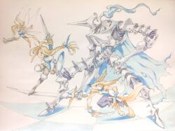  1boy 1other 2girls ambiguous_gender animal_ears animal_nose arm_shield armor armored_boots black_pants black_shirt blonde_hair blue_bow blue_cape blue_eyes blue_fire blue_leotard blue_shirt body_fur boots bow braid breastplate brown_fur cape chest_guard commentary_request couter digitigrade dog_boy dog_ears dog_tail fairy fairy_wings faulds fewer_digits fire flying full_armor furry furry_male giant gun hair_bow helmet highres holding holding_gun holding_knife holding_sword holding_weapon knife leotard long_hair multiple_girls original pants peter_salt poleyn shirt shoulder_armor single_braid sleeveless sleeveless_shirt standing standing_on_one_leg standing_on_sword sword tail torn_cape torn_clothes torn_pants traditional_media weapon wings 