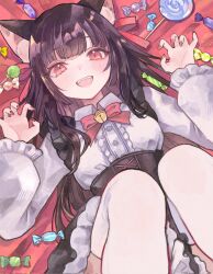  1girl 37104kii animal_ear_fluff animal_ears bell black_hair bow bowtie candy candy_wrapper claw_pose corrupted_twitter_file food halloween highres jingle_bell lollipop long_hair lying nail_polish on_back open_mouth original red_bow red_bowtie red_eyes red_nails solo teeth thigh-highs upper_teeth_only white_thighhighs wrapped_candy 