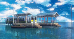  3d absurdres bench blue_sky boat chinese_commentary clouds commentary_request donghai_xian_yuwang highres landscape no_humans ocean original railroad_tracks reflection reflective_water scenery sky train train_station utility_pole water watercraft 
