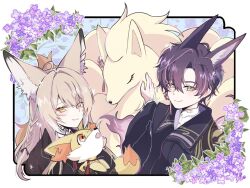  1boy 1girl animal_ear_fluff animal_ears arknights blonde_hair closed_mouth creature extra_ears fennekin flower fox_boy fox_ears fox_girl fox_tail green_eyes holding holding_creature holding_pokemon husband_and_wife korean_commentary long_hair looking_at_viewer multicolored_hair ninetales notched_ear orange_eyes pink_hair pokemon pokemon_(creature) purple_hair scar scar_on_cheek scar_on_face short_hair streaked_hair suzuran&#039;s_father_(arknights) suzuran_(arknights) tail wang_0w0 