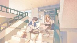  1boy 1girl absurdres backpack bag bandaid bandaid_on_knee bandaid_on_leg black_hair black_skirt black_socks blonde_hair blue_sweater blunt_bangs blush cardigan ceiling ceiling_light closed_mouth collared_shirt commentary crossed_arms dini_illust full_body glass highres indoors long_hair looking_at_another open_mouth original pants pleated_skirt railing school school_uniform scraped_knee shirt shoes short_hair single_shoe sitting sitting_on_stairs skirt slice_of_life slip-on_shoes socks soles stairs sweater sweater_vest symbol-only_commentary white_shirt wide_shot 