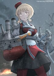  1girl absurdres black_skirt blonde_hair cannon gloves grey_eyes hat highres kantai_collection looking_at_viewer mast norge_(kancolle) red_hat red_thighhighs rigging ship_turret short_hair skirt smokestack solo teisei_misagi thigh-highs white_gloves 