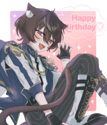  1boy ahoge aiguillette animal_ear_fluff animal_ears black_cat black_gloves black_pants blue_cape blue_vest boots cape cat cat_ears cat_tail commentary_request ensemble_stars! epaulettes fangs fingerless_gloves fleur-de-lis full_body gloves gold_trim happy_birthday high-waist_pants high_collar highres lace-up_boots looking_at_viewer male_focus pants sakuma_ritsu shirt short_hair sitting sleeve_cuffs solo striped_clothes striped_pants tail tongue tongue_out tumu_ri_o vertical-striped_clothes vertical-striped_pants vest white_boots white_shirt zipper 