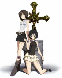  2girls arm_support bandaged_arm bandaged_leg bandages belt black_choker black_hair black_shirt black_skirt blood blood_on_bandages blood_on_knife boots breasts brown_belt brown_boots brown_eyes brown_hair bruise bruise_on_arm bruise_on_face bruise_on_leg choker closed_mouth collared_shirt cross crucifix dirty dirty_clothes frilled_skirt frills full_body hand_on_own_hip head_tilt highres holding holding_knife injury kneeling knife leaning_on_object looking_at_viewer miko_heb multiple_girls original pleated_skirt raised_inner_eyebrows shirt short_hair simple_background skirt skull sleeveless sleeveless_shirt small_breasts standing white_background white_shirt white_skirt 