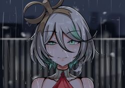  1girl absurdres ascot bags_under_eyes cecilia_immergreen cecilia_immergreen_(1st_costume) chainsaw_man closed_mouth colored_inner_hair detached_collar green_eyes green_hair grey_hair hair_between_eyes highres hololive hololive_english looking_at_viewer medium_hair multicolored_hair night outdoors panpanmc4 rain red_ascot scene_reference solo virtual_youtuber winding_key 