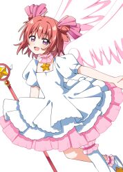  1girl :d ahoge akaza_akari blush cardcaptor_sakura choker commentary commission cosplay dot_nose double_bun dress feathered_wings foot_out_of_frame frilled_choker frilled_dress frilled_socks frilled_thighhighs frills hair_bun hair_ribbon haru_(konomi_150) highres hoshi_no_tsue kinomoto_sakura kinomoto_sakura_(cosplay) looking_at_viewer open_mouth pink_choker pink_ribbon pink_wings pixiv_commission red_hair ribbon short_hair short_sleeves simple_background single_sock single_thighhigh smile socks solo star_(symbol) star_choker thigh-highs violet_eyes white_background white_dress white_socks white_thighhighs wings yuruyuri 