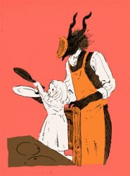  1boy 1girl apron body_fur brown_fur chair child cooking cowboy_shot cropped_legs dress failure flipping_food food food_on_face frying_pan furry furry_male holding holding_frying_pan holding_plate horns nagabe orange_apron pancake pink_background plate sensei_(totsukuni_no_shoujo) shiva_(totsukuni_no_shoujo) short_hair simple_background standing stove totsukuni_no_shoujo vest 