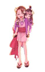  2girls :d ^_^ ace_attorney aged_down bead_necklace beads black_hair black_sandals bracelet breasts brown_hair carrying closed_eyes commentary drooling flower flower_wreath hair_flower hair_ornament hanten_(clothes) jacket japanese_clothes jewelry kimono long_hair magatama magatama_necklace maya_fey mia_fey mole mole_on_breast mouth_drool multiple_girls necklace oyoyo_pe piggyback pink_kimono purple_jacket red_sash sandals sash siblings sisters sleeping smile sphere_hair_ornament topknot white_background zouri 