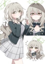  1girl :/ absurdres black_bow black_bowtie blue_archive blush book bow bowtie braid brown_hair chibi chibi_inset closed_mouth commentary cowboy_shot diagonal-striped_bow diagonal-striped_bowtie diagonal-striped_clothes expressionless eyes_visible_through_hair frilled_sleeves frills frown full_body green_halo green_jacket grey_skirt hagoonha hair_between_eyes hair_bow hair_intakes hair_ribbon halo hands_up highres holding holding_book holding_own_hair jacket long_hair looking_at_viewer miyo_(blue_archive) multiple_views open_clothes open_jacket plaid_clothes plaid_skirt pleated_skirt ribbon ribbon_braid rolled_up_paper school_uniform shaded_face side_braids sidelocks simple_background skirt socks striped_bow striped_bowtie striped_clothes upper_body very_long_hair wavy_hair white_background white_bow white_ribbon white_socks yellow_eyes 