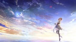  1girl black_gloves clouds floating_hair gloves gradient_sky hat high_heels idol idol_clothes idolmaster idolmaster_shiny_colors idolmaster_shiny_colors_song_for_prism official_art open_mouth outdoors sakuragi_mano shooting_star sky star_(sky) twilight 