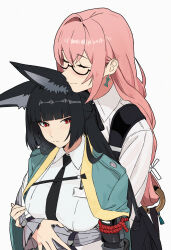  2girls absurdres animal_ear_fluff animal_ears black_necktie blush closed_mouth dress_shirt earrings fox_ears fox_girl glasses green_jacket highres hoshimi_miyabi hug hug_from_behind jacket jewelry long_hair looking_at_viewer multiple_girls necktie pink_hair red_eyes ring_hair_ornament shirt simple_background smile subuke tsukishiro_yanagi white_background white_shirt yuri zenless_zone_zero 
