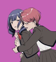  2girls black_eyes blue_hair blunt_bangs blush bow bowtie commentary crying crying_with_eyes_open from_side grey_jacket grey_skirt hair_behind_ear hair_between_eyes half-closed_eyes hanayagi_kaoruko hands_up heads_together highres hug hug_from_behind isurugi_futaba jacket long_sleeves looking_at_another looking_to_the_side medium_hair multiple_girls open_clothes open_jacket open_mouth parted_lips pi_(pipipipi523) pleated_skirt purple_background red_bow red_bowtie red_hair school_uniform seishou_music_academy_uniform shirt shirt_tucked_in short_hair shoujo_kageki_revue_starlight simple_background skirt standing symbol-only_commentary tears upper_body white_shirt yuri 